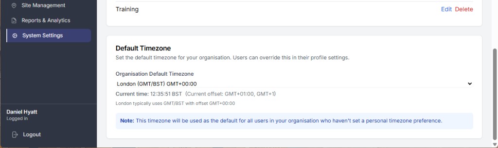 Default Timezone card with Organisation Default Timezone selector