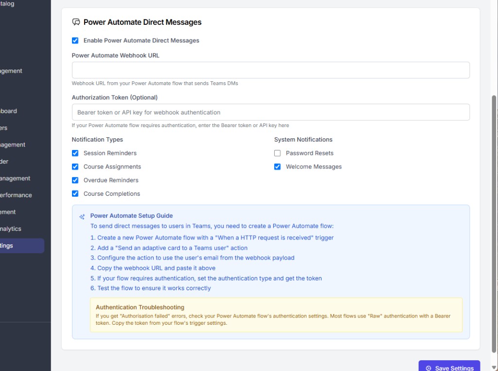 Power Automate Direct Messages card with webhook URL and event type toggles