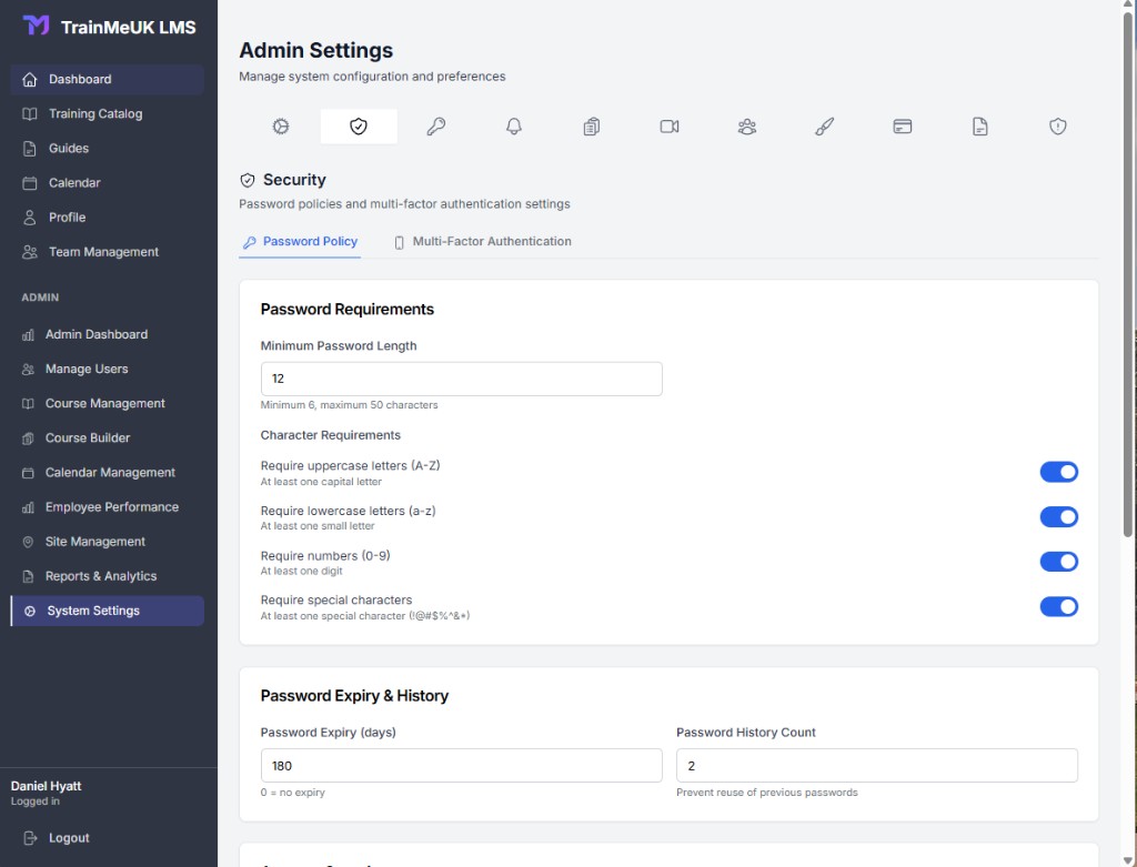Security tab showing Password Policy and MFA settings