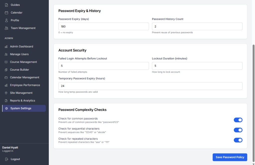 Account lockout settings for failed login attempts and lockout duration