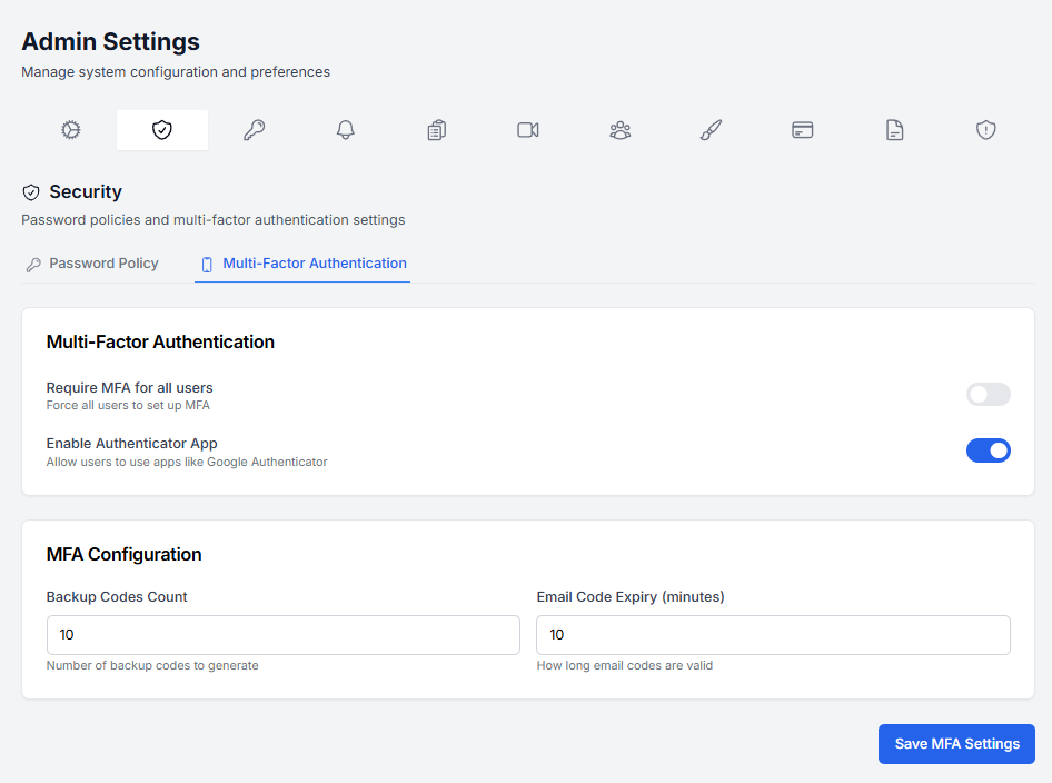 Multi-Factor Authentication settings with Require MFA and Authenticator App options