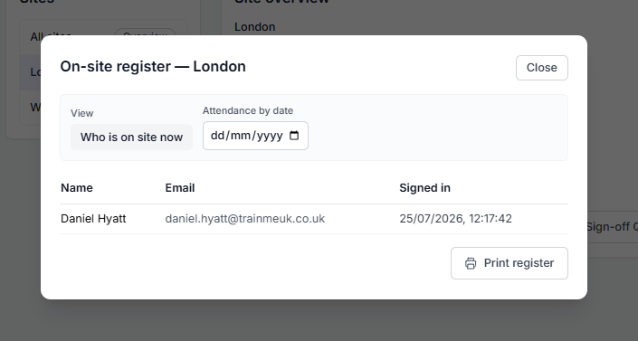 On-site register showing workers currently signed in on site