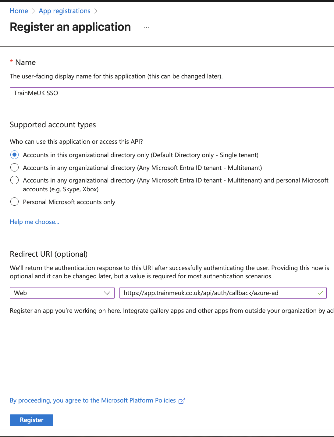 New App Registration form in Microsoft Entra ID