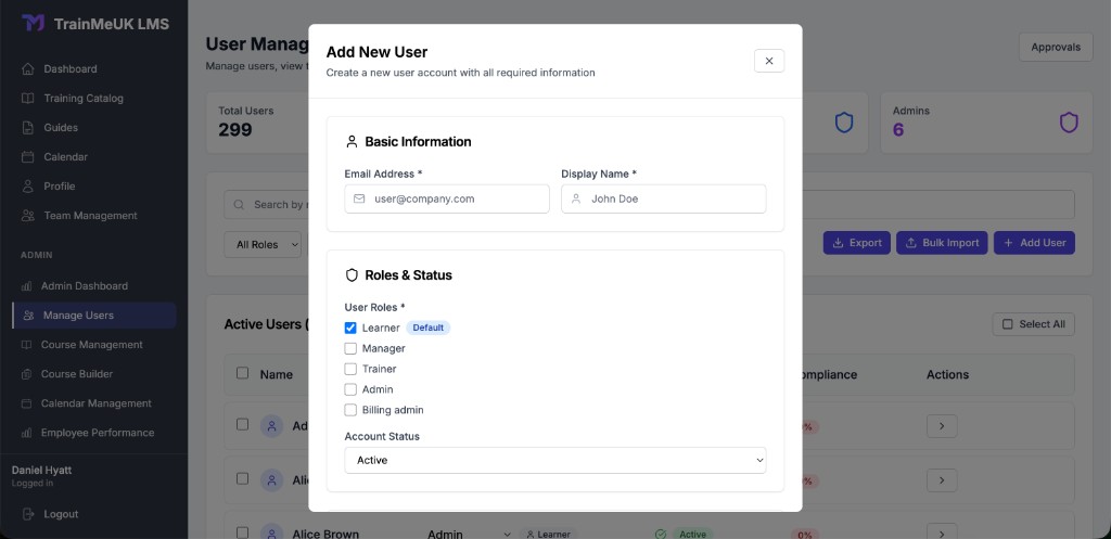 Add New User modal with email, display name, roles, and account status