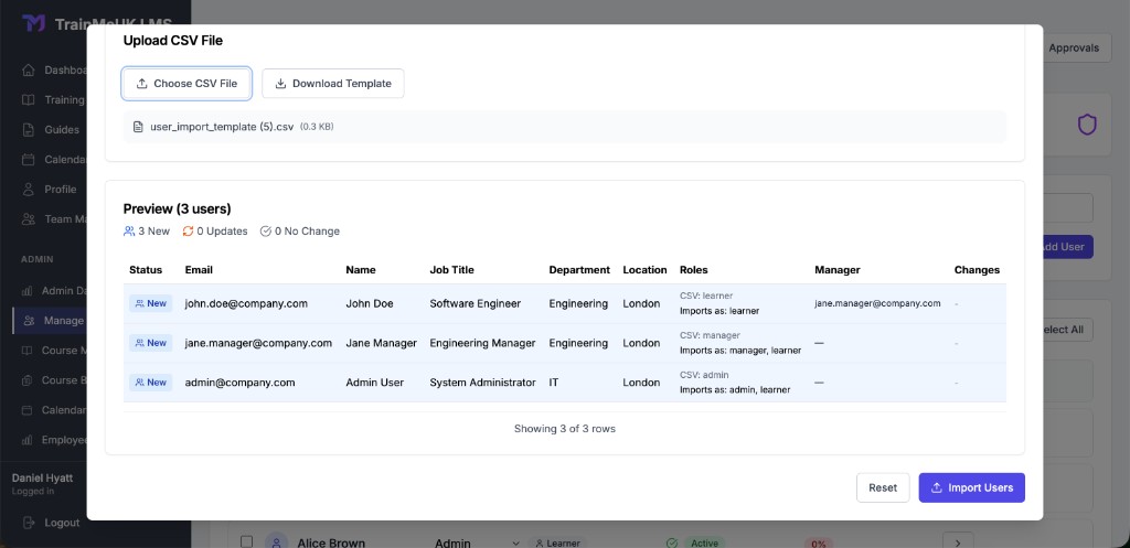 Bulk import CSV preview with New status and role mapping