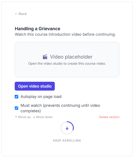 Course video block with Open video studio button