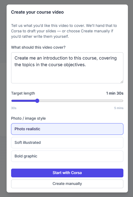 Video studio setup modal with Start with Corsa and Create manually options