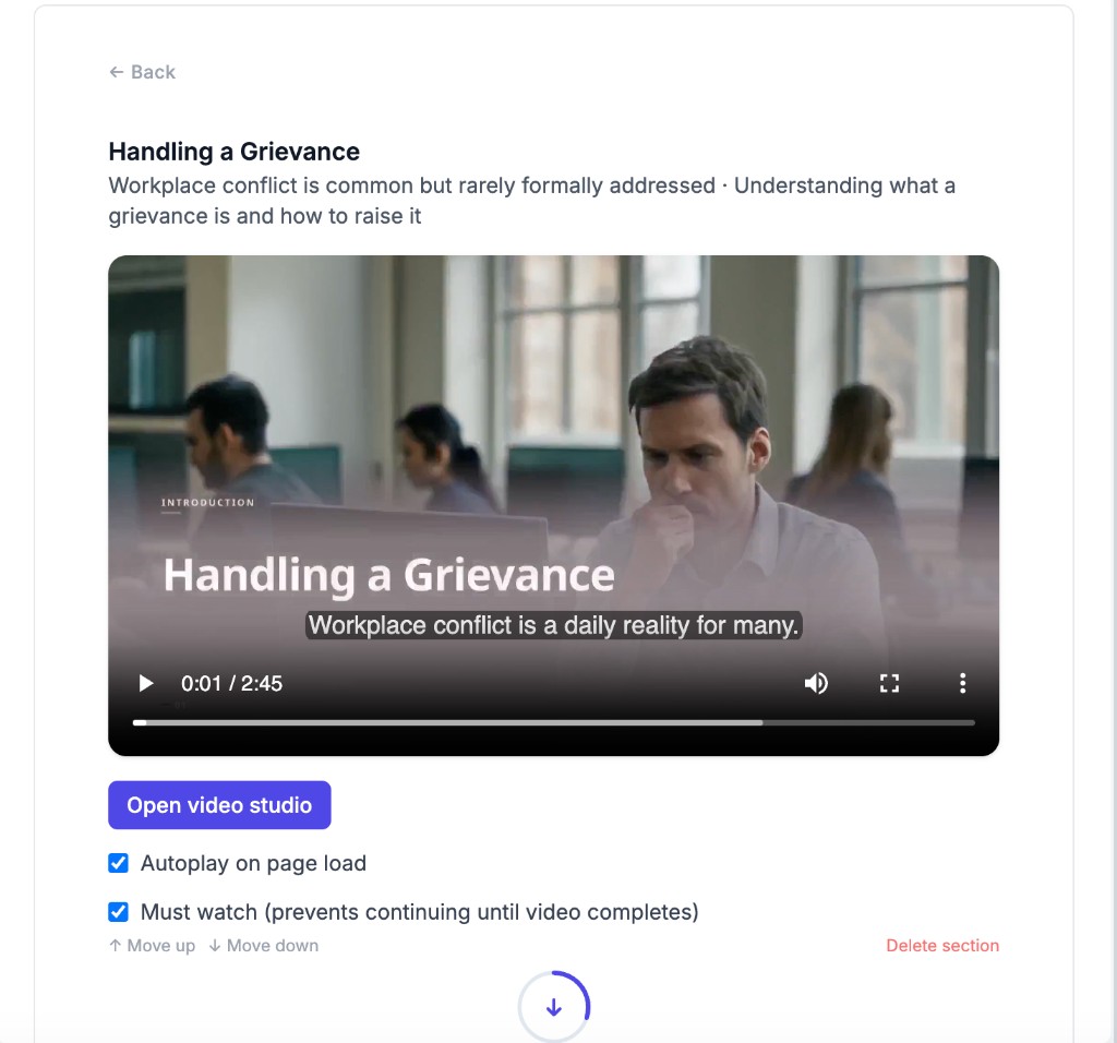 Course video block with compiled preview player and Open video studio
