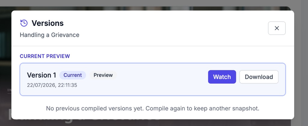 Versions modal with Current Preview and Watch / Download