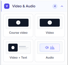 Course Builder toolkit with Video & Audio expanded and Course video block highlighted