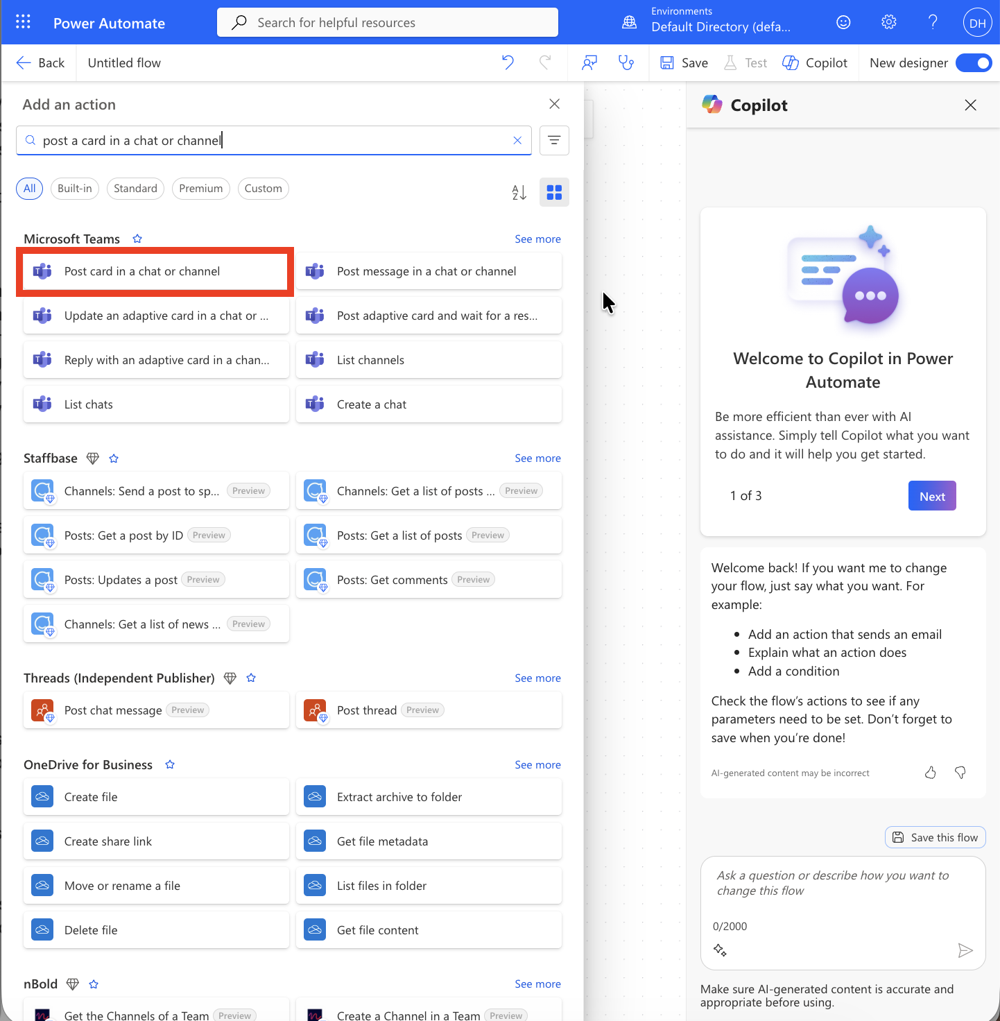 Power Automate Post card action configuration