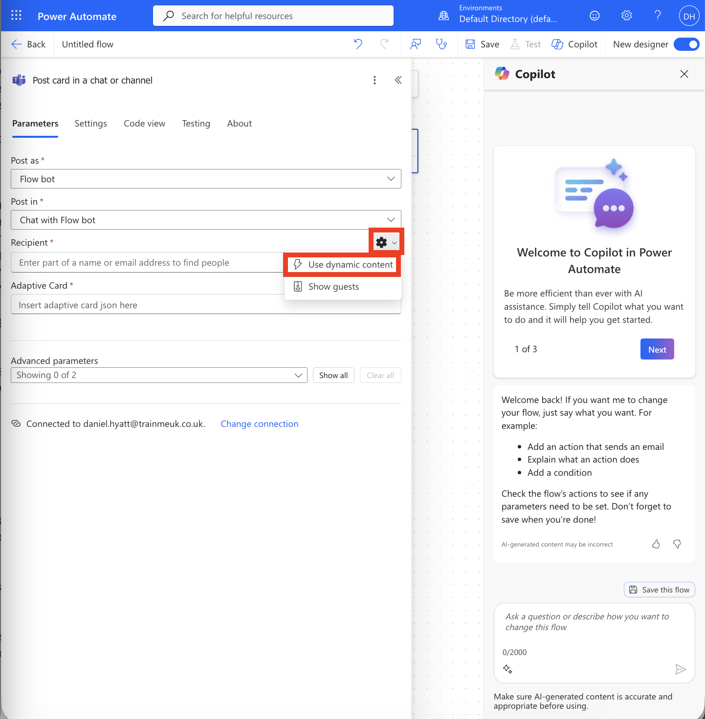 Power Automate Post card in chat configuration