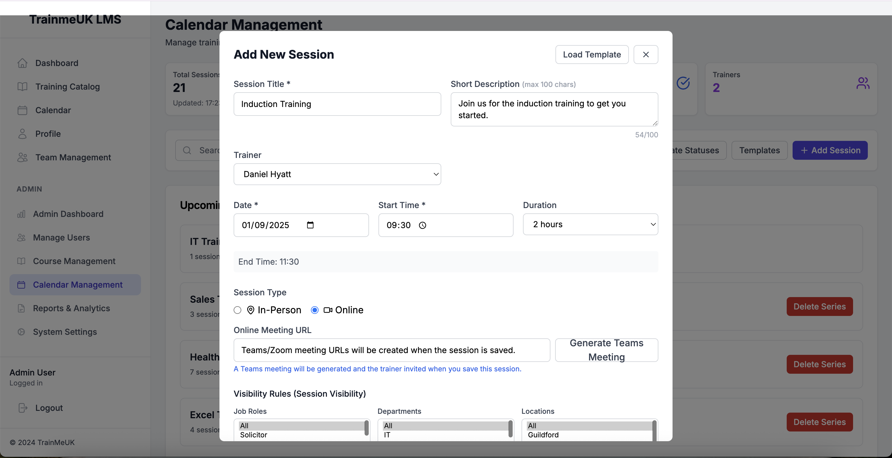TrainMeUK Calendar Management - Automated Session Scheduling
