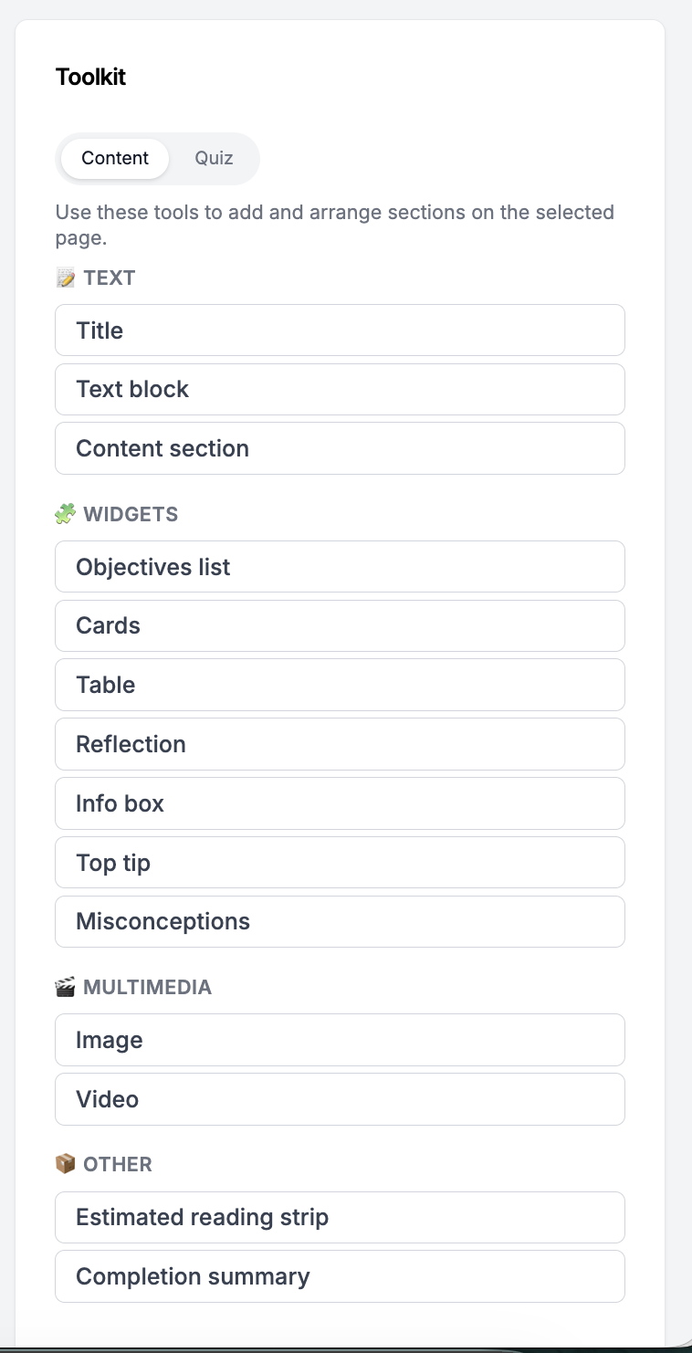 Course Builder Toolkit - Content blocks panel