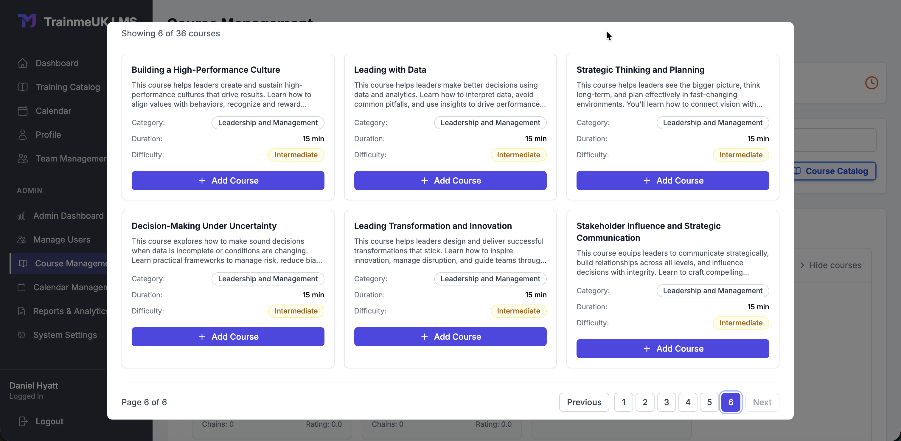 Course catalog showing GDPR, Cybersecurity, Safeguarding, Health & Safety courses