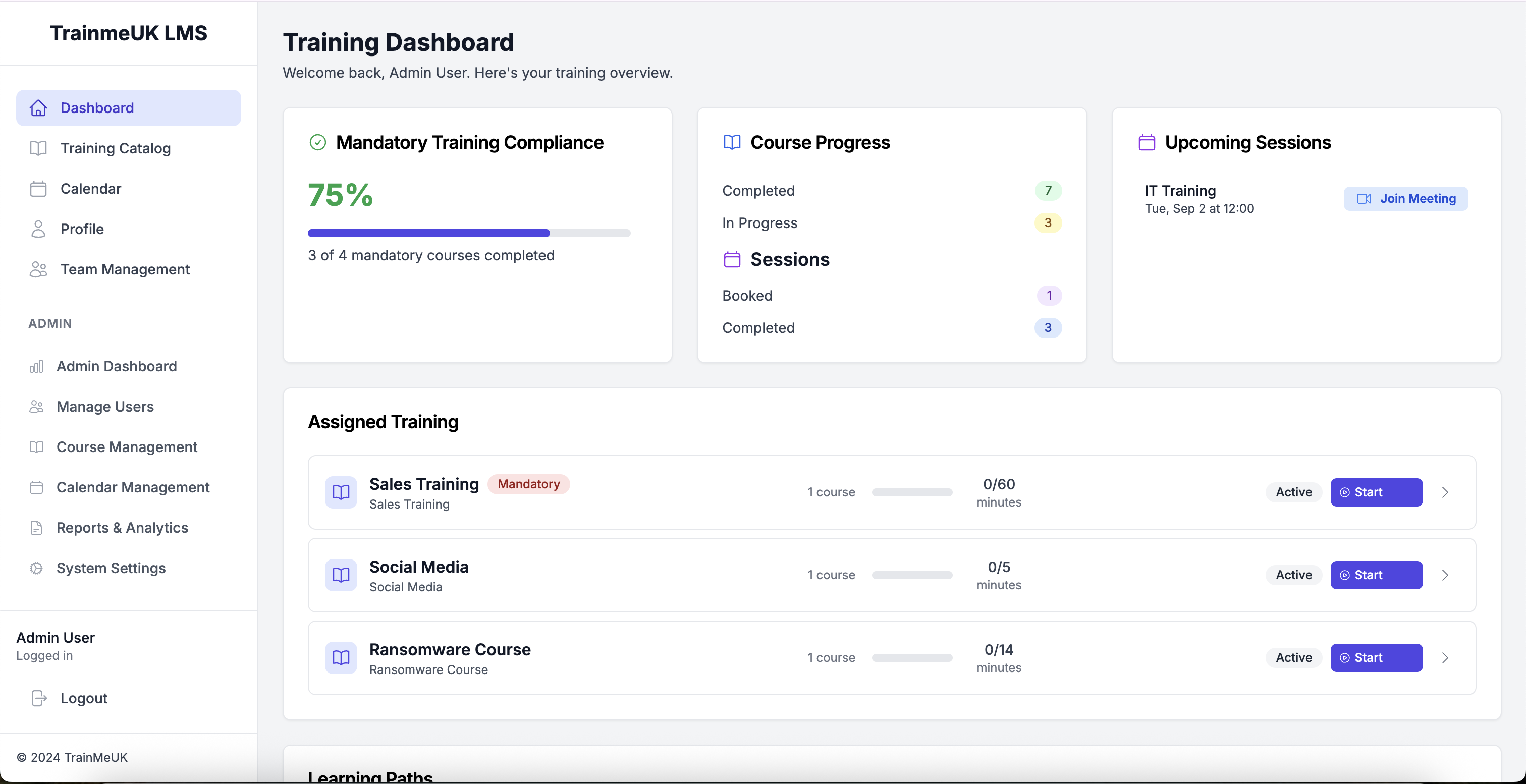 TrainMeUK Training Dashboard - Compliance Overview