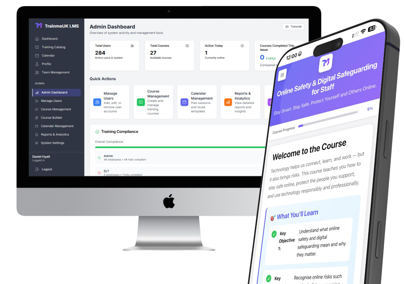 TrainMeUK digital learning platform dashboard showing blended learning compliance overview