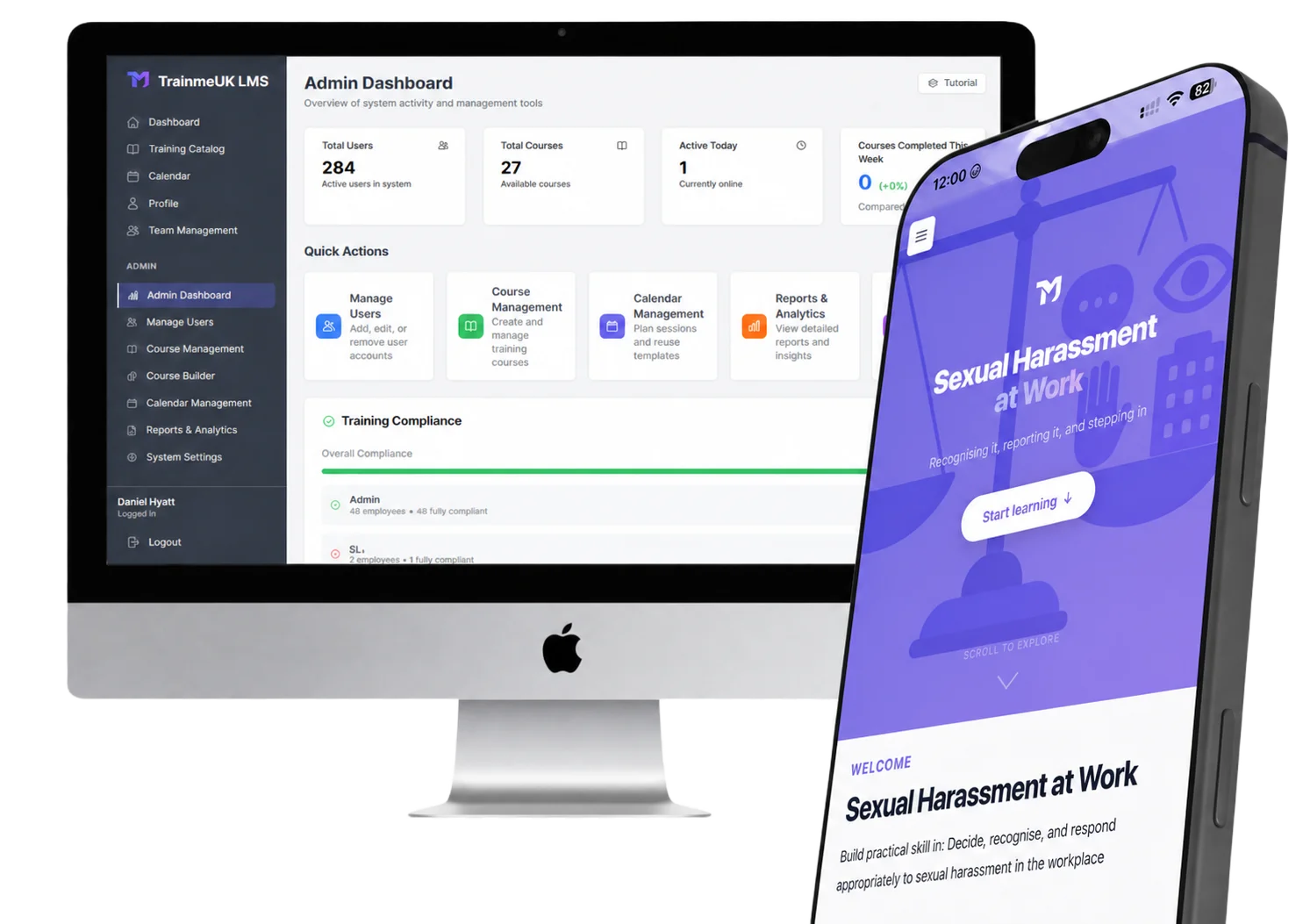 TrainMeUK digital learning platform dashboard showing blended learning compliance overview