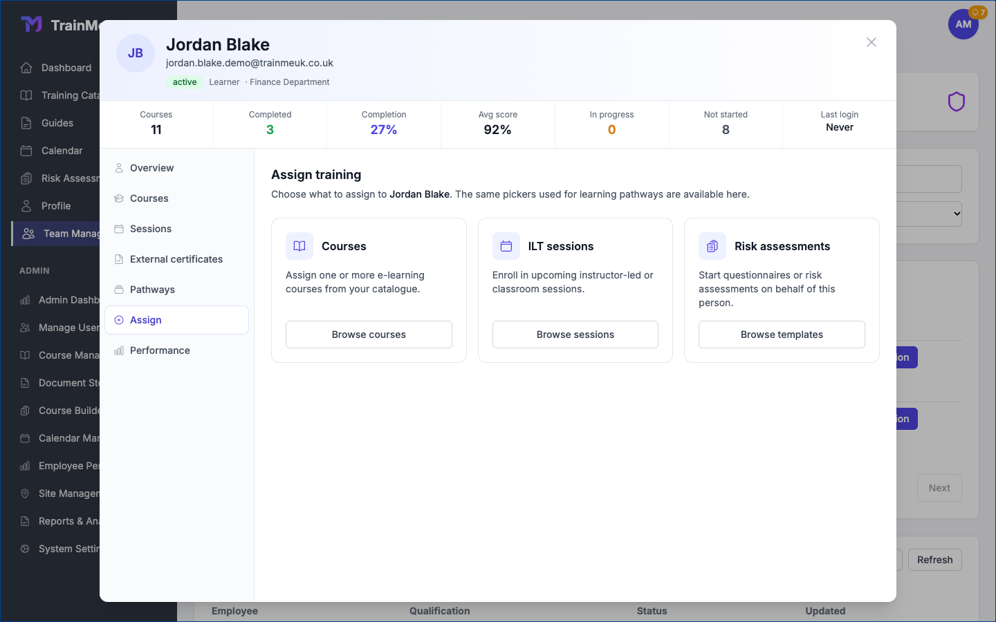 Manager Assigned Courses - Assign training from a team member profile