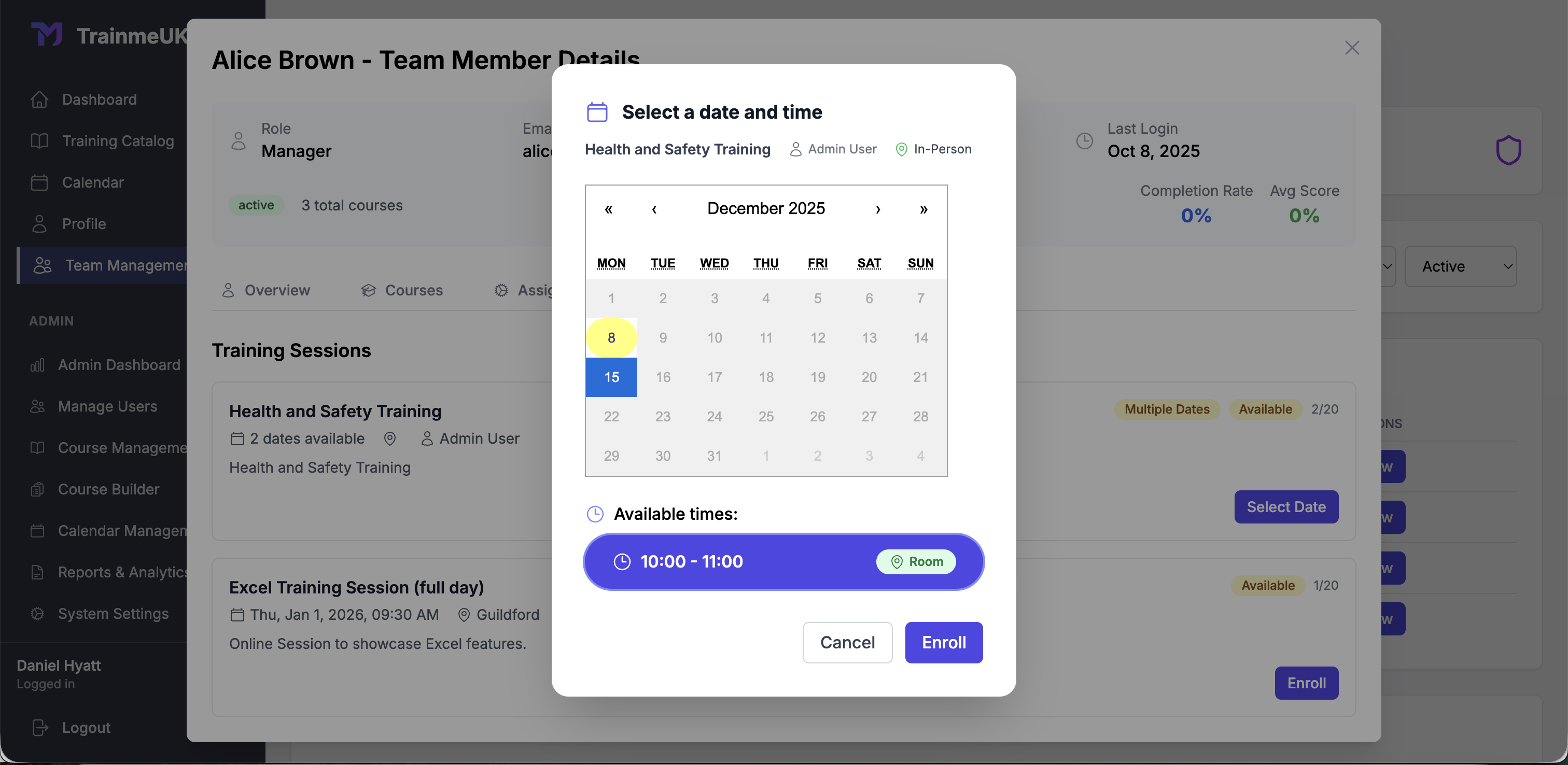 Session Booking Calendar - Training session management