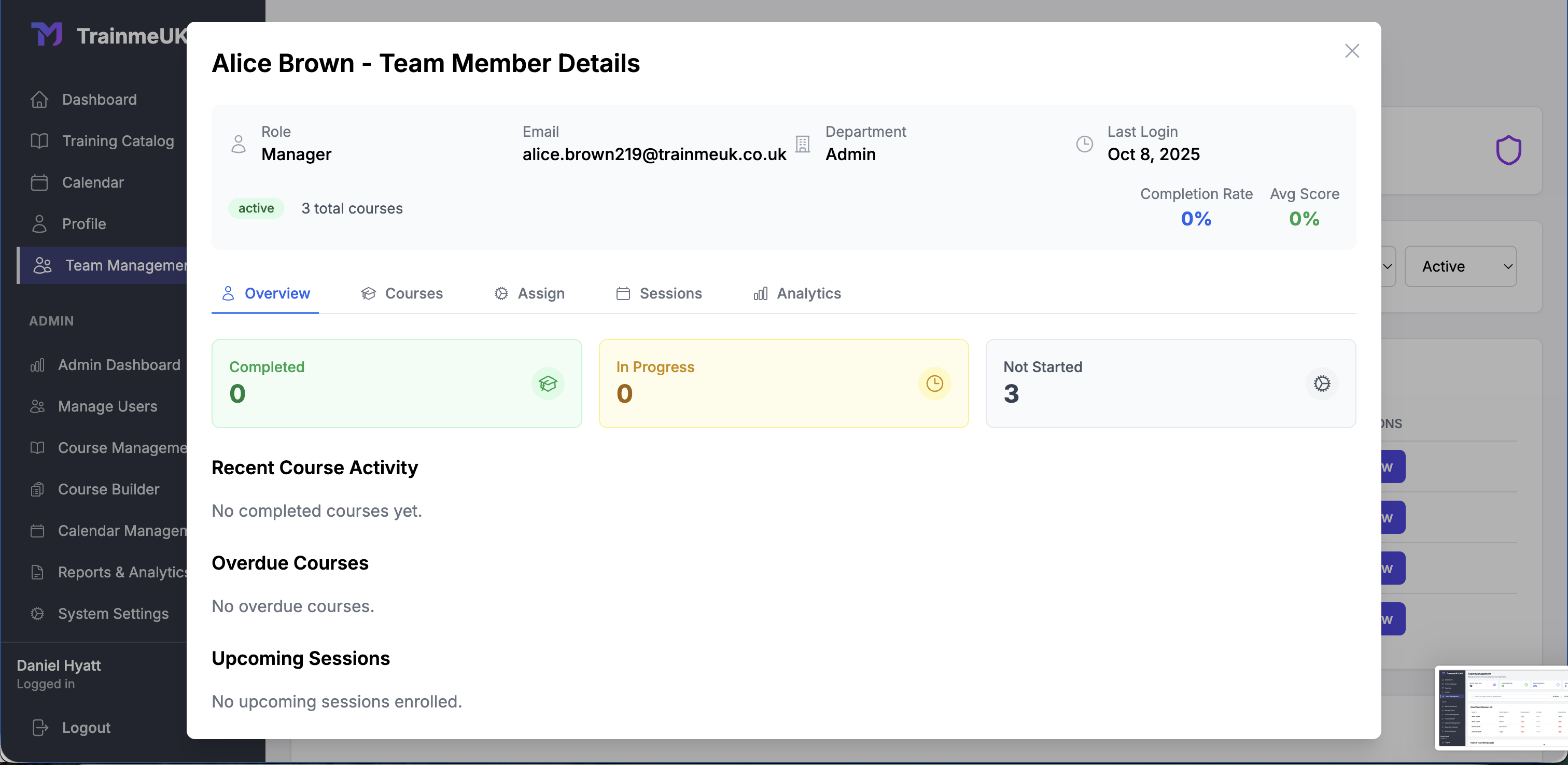 Training Overview Tab - Course assignments and progress