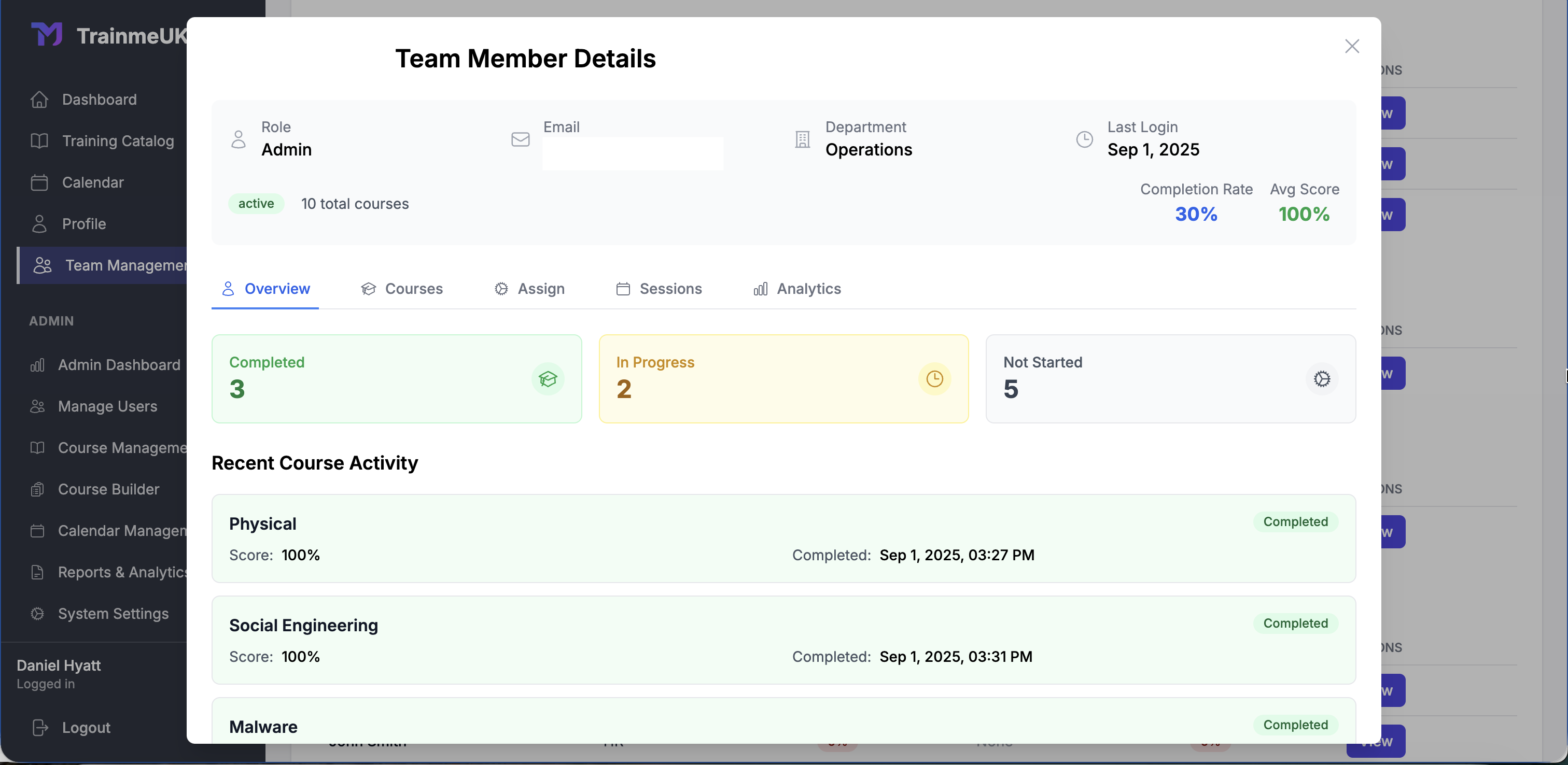 Team Member Modal Overview - Individual training details