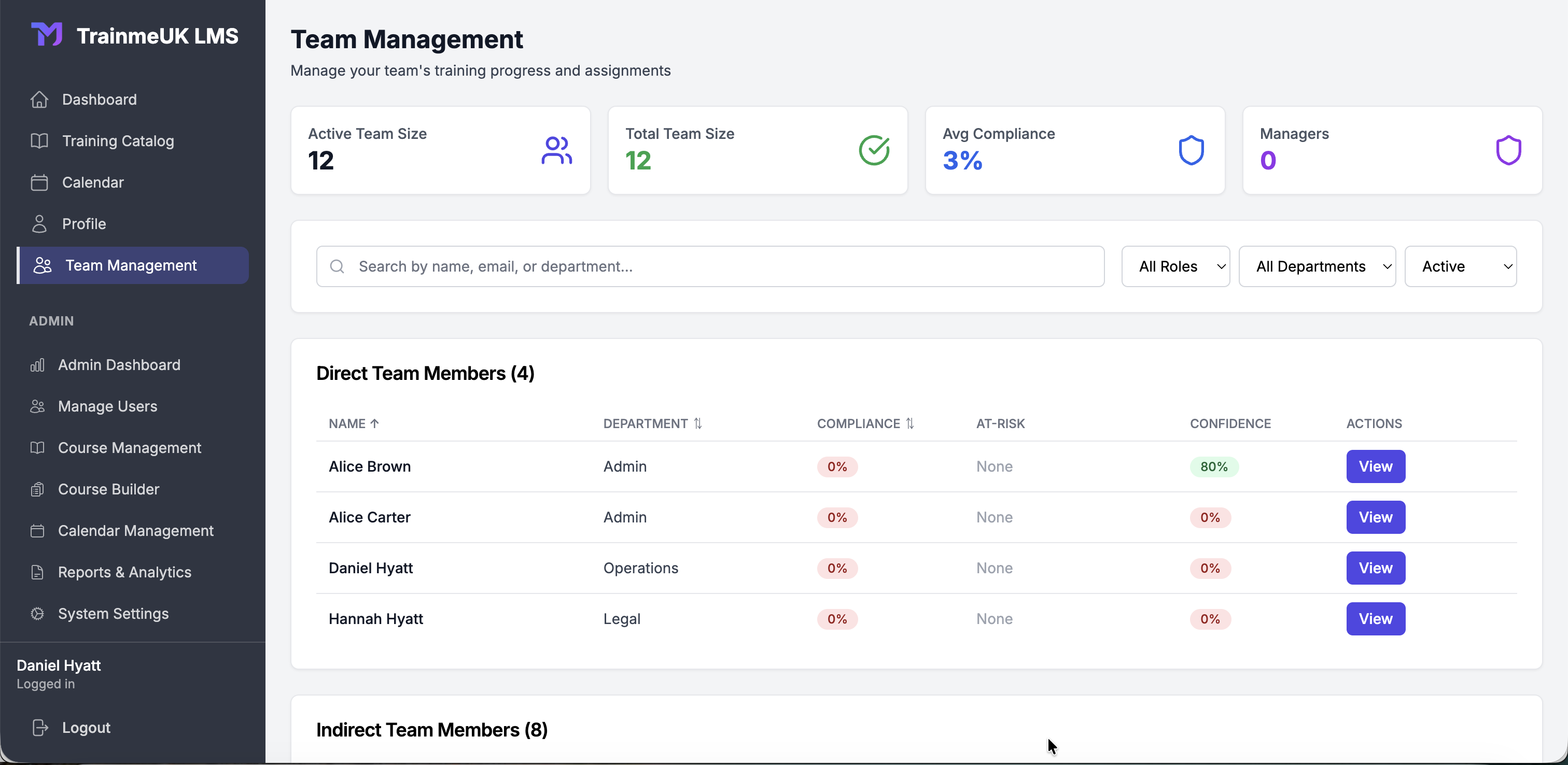 TrainMeUK Manager Dashboard - Team Management Interface